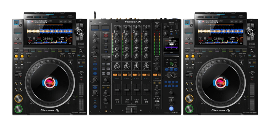 Two Pioneer CDJ-3000 players with a Pioneer DJM-A9 mixer