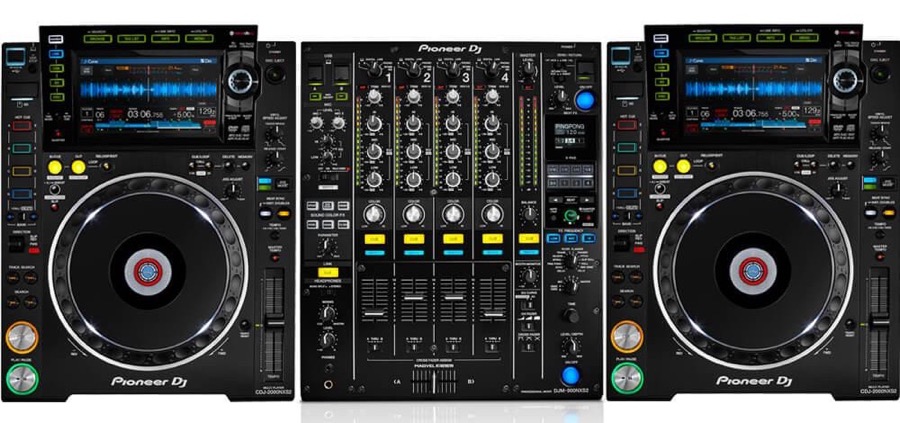 Two Pioneer CDJ-2000NXS2 players with a Pioneer DJM-900NXS2 mixer